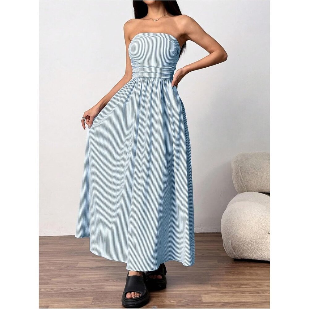 Women's Blue And White Strapless Maxi Dress Summer Tube Top Long With Pocket - Picture 5 of 5